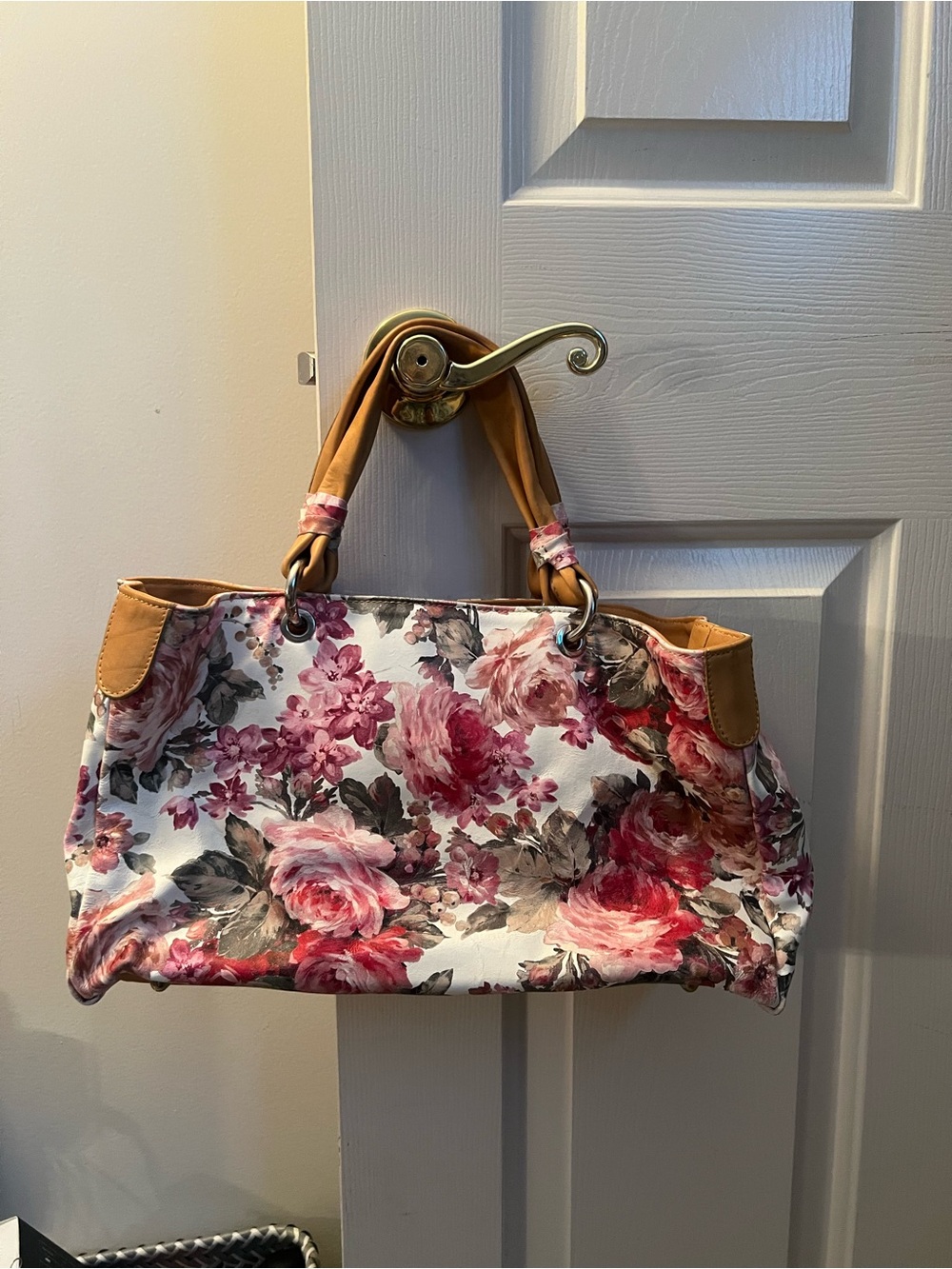 Cecconi Piero Floral Rose Print Tote with Tan Trim